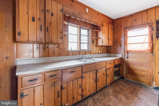 kitchen with wooden walls and sink