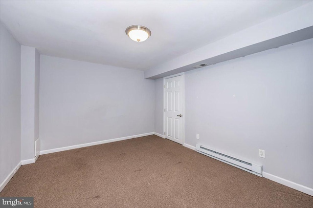 unfurnished room with carpet floors and baseboard heating