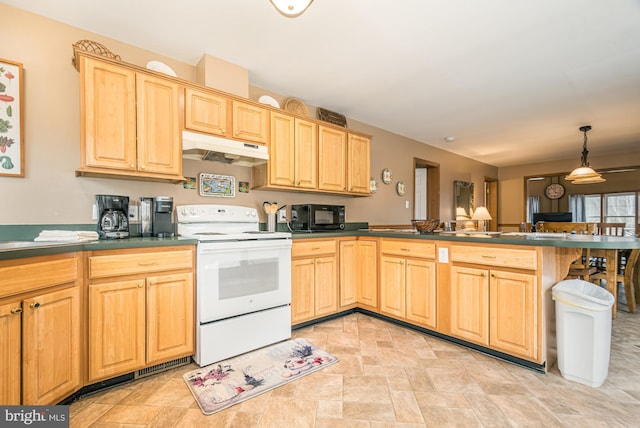 kitchen with light brown cabinetry, hanging light fixtures, kitchen peninsula, and white range with electric cooktop