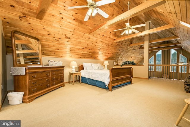 carpeted bedroom with vaulted ceiling with beams and wooden ceiling