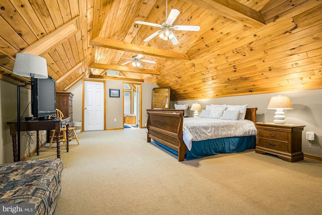 bedroom featuring carpet, vaulted ceiling with beams, and wood ceiling