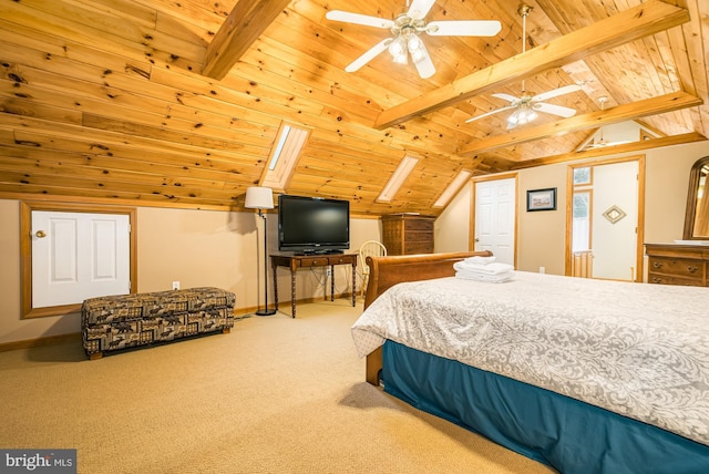 bedroom featuring carpet, vaulted ceiling with beams, and wooden ceiling