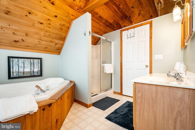 bathroom featuring vanity, separate shower and tub, vaulted ceiling, and wooden ceiling