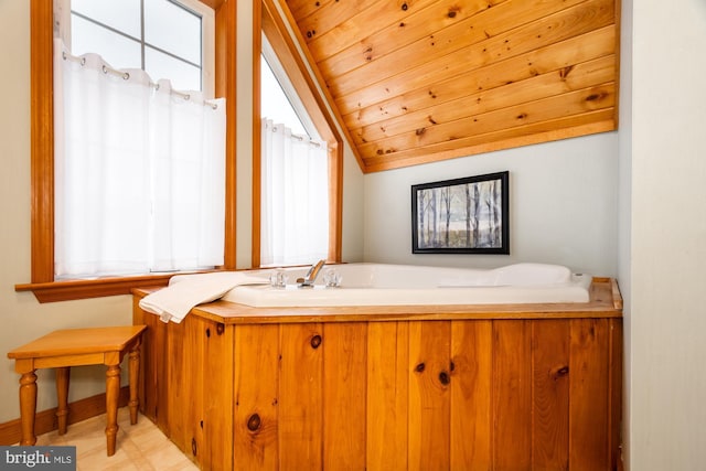 bathroom with vaulted ceiling and wooden ceiling