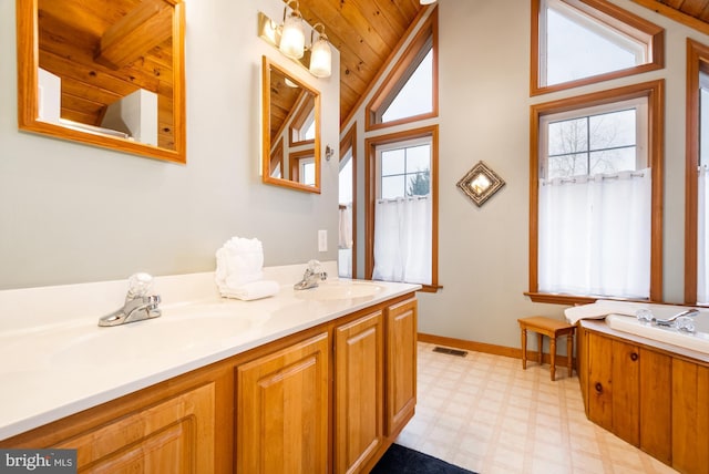 bathroom featuring wood ceiling, vanity, and vaulted ceiling