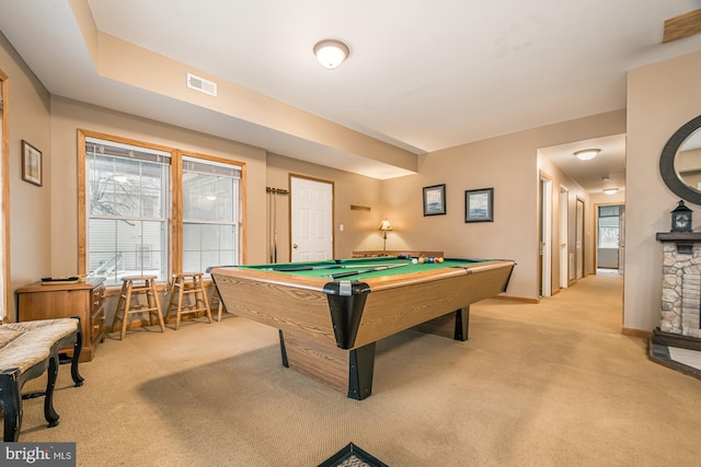 recreation room with carpet floors and billiards