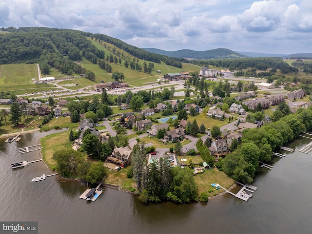 birds eye view of property with a water and mountain view