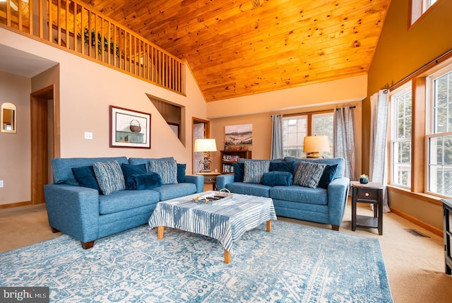 living room featuring carpet flooring, wooden ceiling, and high vaulted ceiling