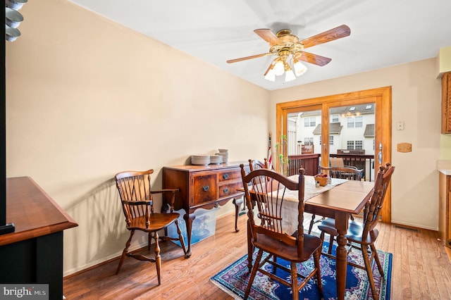 dining room with ceiling fan and light wood-type flooring