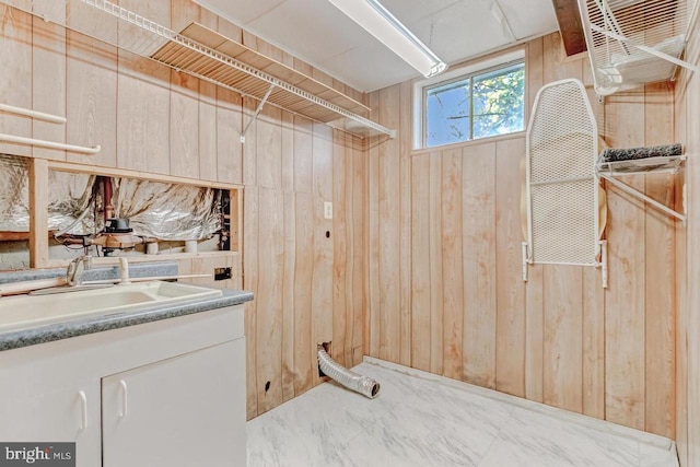 clothes washing area with wooden walls