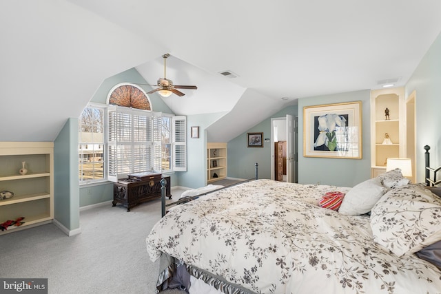 bedroom featuring light colored carpet, visible vents, vaulted ceiling, ceiling fan, and baseboards