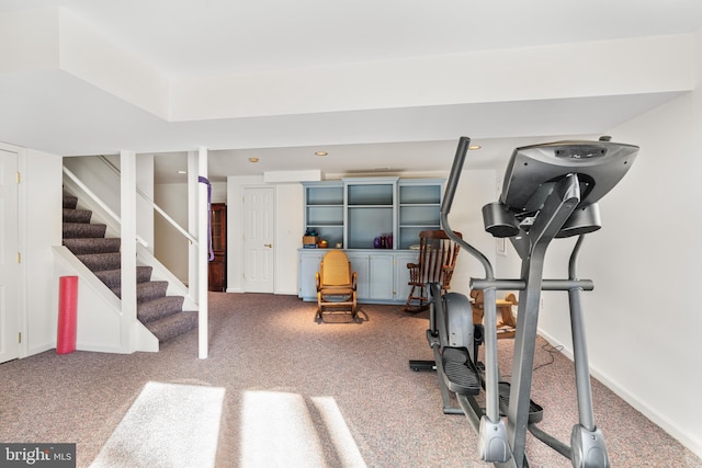 exercise room featuring recessed lighting, carpet flooring, and baseboards