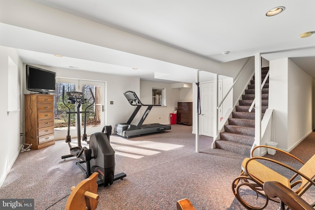 exercise area featuring baseboards, carpet, and recessed lighting