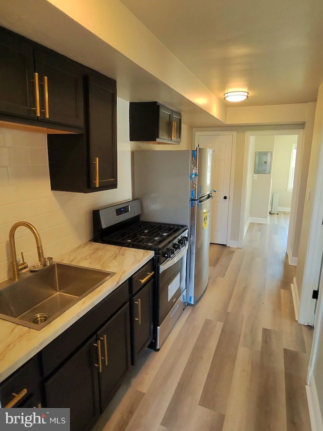 kitchen with sink, backsplash, stainless steel appliances, and light hardwood / wood-style floors