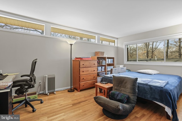 bedroom featuring radiator heating unit and wood finished floors