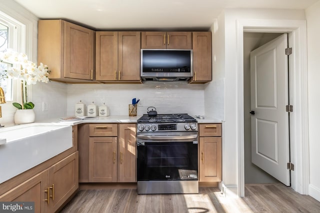 kitchen with backsplash, light hardwood / wood-style floors, sink, and appliances with stainless steel finishes