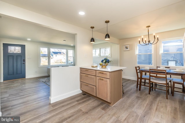 kitchen with hanging light fixtures, a wealth of natural light, and hardwood / wood-style floors