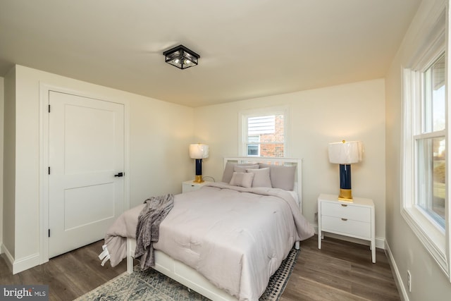 bedroom with multiple windows and dark hardwood / wood-style flooring