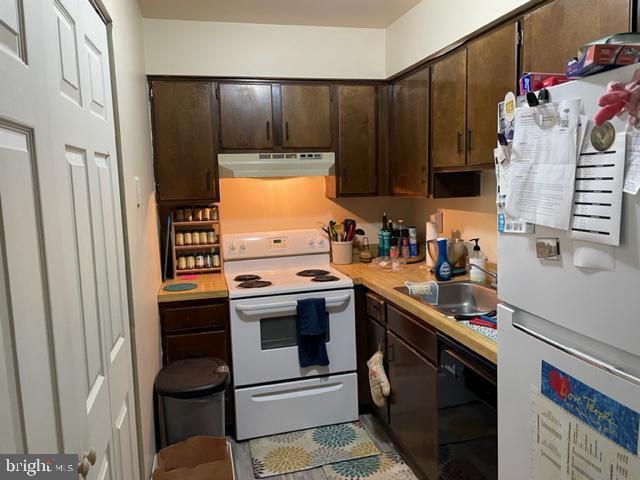 kitchen featuring white appliances, sink, and dark brown cabinets