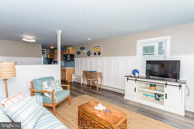 living room featuring dark wood-type flooring