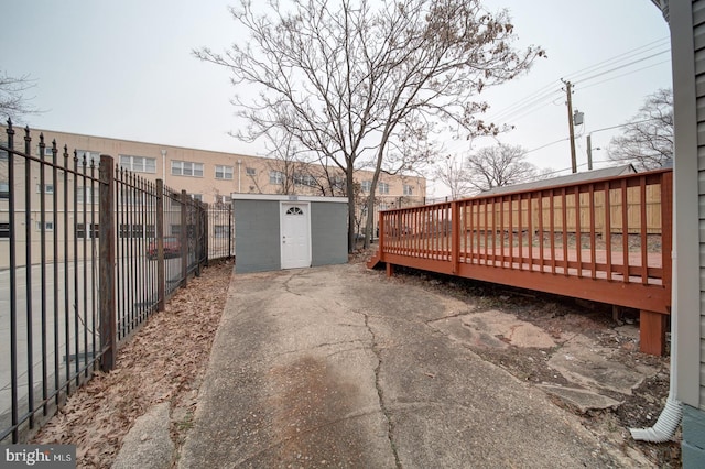 exterior space with a shed