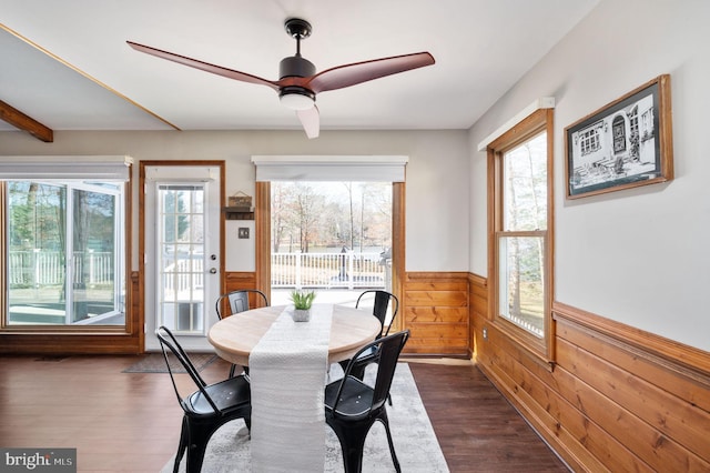 dining room featuring ceiling fan, dark hardwood / wood-style floors, and wooden walls