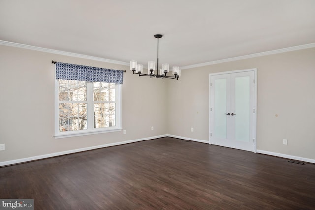 interior space with crown molding, dark wood-type flooring, and a notable chandelier