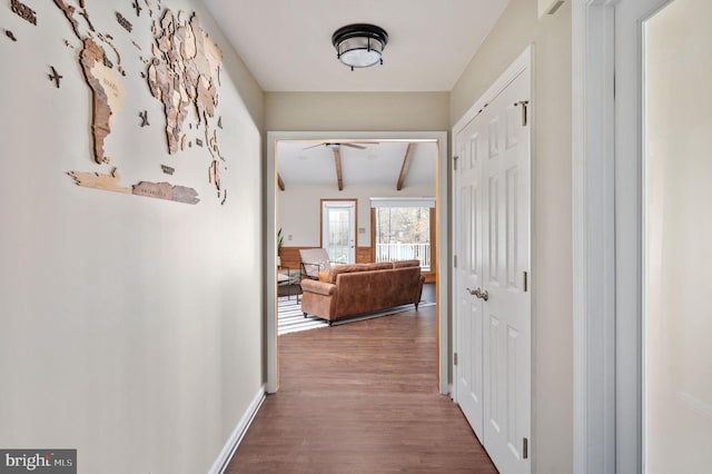 hall featuring wood-type flooring and beamed ceiling