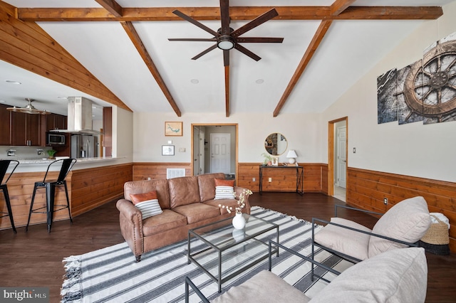 living room with lofted ceiling with beams, dark wood-type flooring, and wooden walls