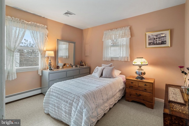 bedroom featuring carpet and baseboard heating