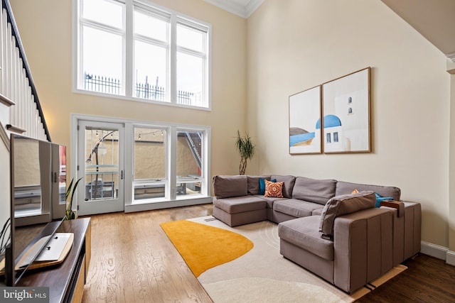 living room featuring dark wood-type flooring, ornamental molding, and a high ceiling