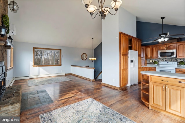 kitchen featuring dark hardwood / wood-style floors, decorative light fixtures, tasteful backsplash, a baseboard radiator, and white appliances