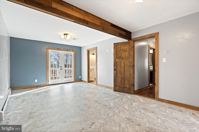 spare room with beamed ceiling, a baseboard heating unit, and french doors