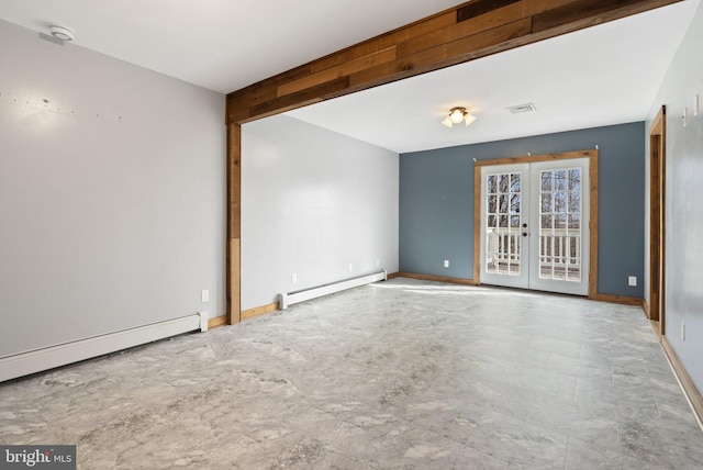 spare room featuring french doors, beam ceiling, and a baseboard heating unit