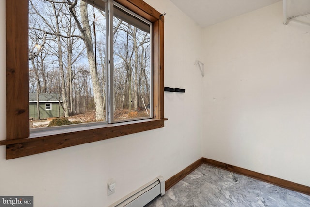 unfurnished room with a baseboard radiator