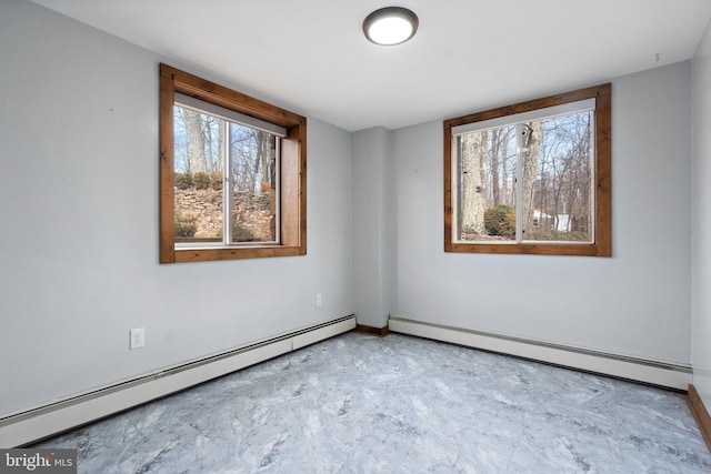 unfurnished room with a wealth of natural light and a baseboard radiator