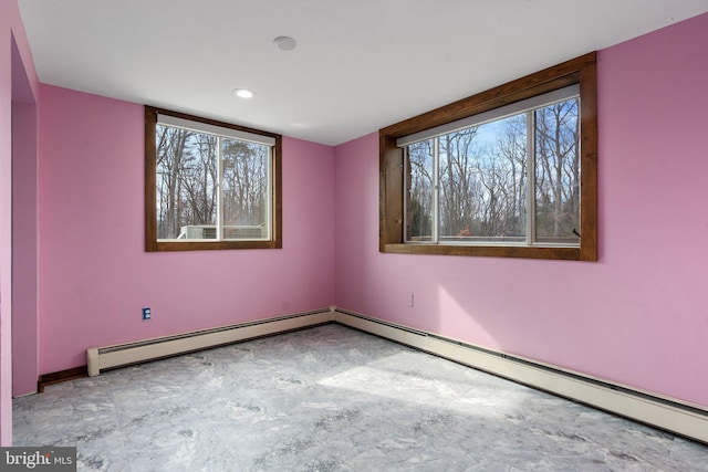 unfurnished room featuring a baseboard heating unit