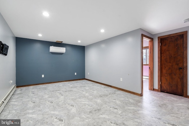 empty room featuring a baseboard radiator and a wall unit AC