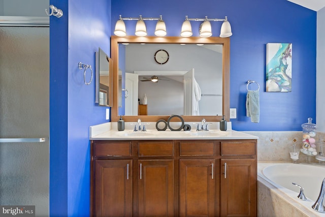 bathroom with independent shower and bath, vanity, and ceiling fan