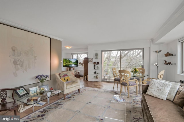 living room featuring ornamental molding