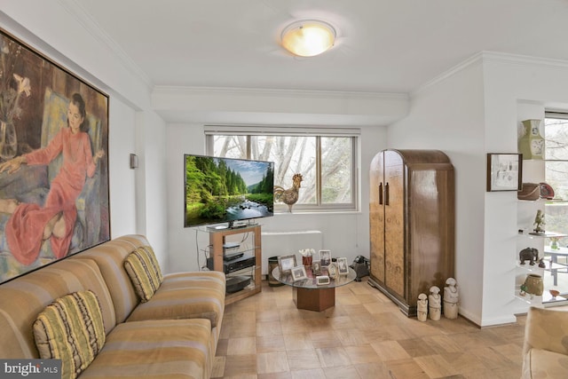 living room featuring baseboards and ornamental molding