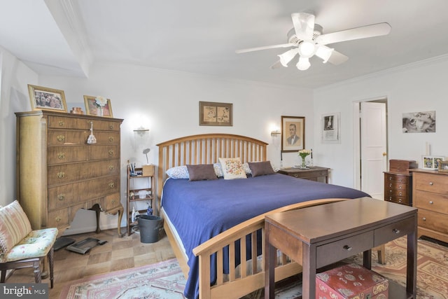 bedroom featuring crown molding and a ceiling fan