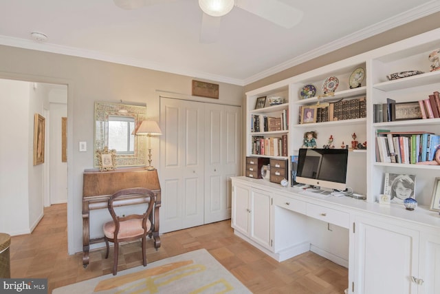 home office with ceiling fan and ornamental molding