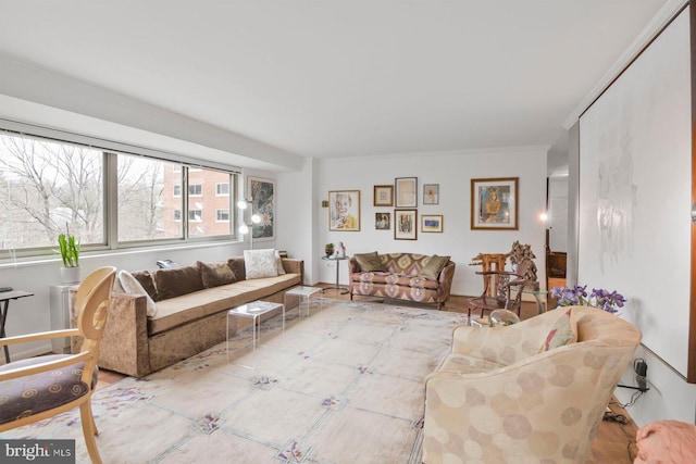 living room featuring ornamental molding