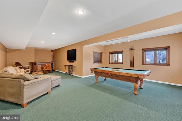 rec room featuring recessed lighting, pool table, baseboards, and carpet floors