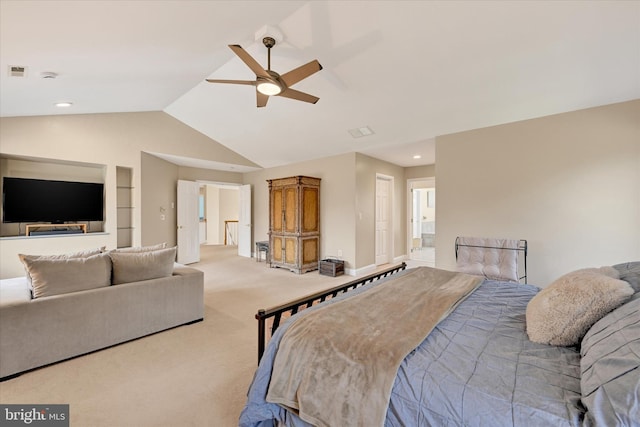 bedroom featuring visible vents, lofted ceiling, carpet floors, baseboards, and ceiling fan