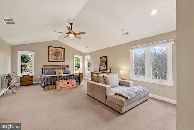 bedroom featuring vaulted ceiling, carpet flooring, baseboards, and visible vents