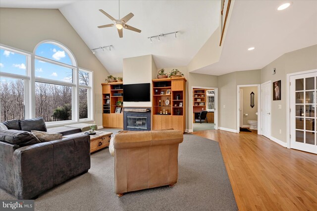 living area featuring a ceiling fan, track lighting, a glass covered fireplace, wood finished floors, and baseboards