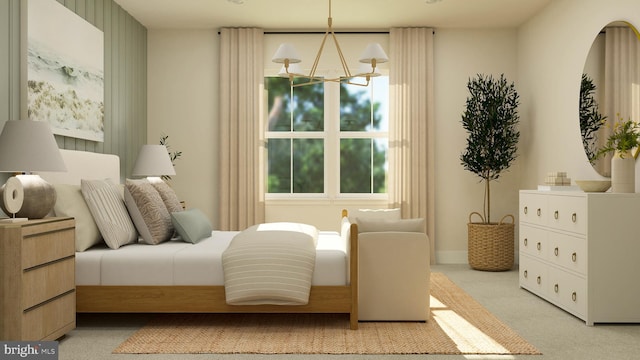 bedroom with light colored carpet