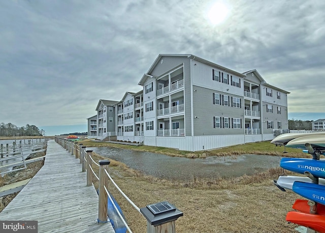 view of building exterior featuring a water view